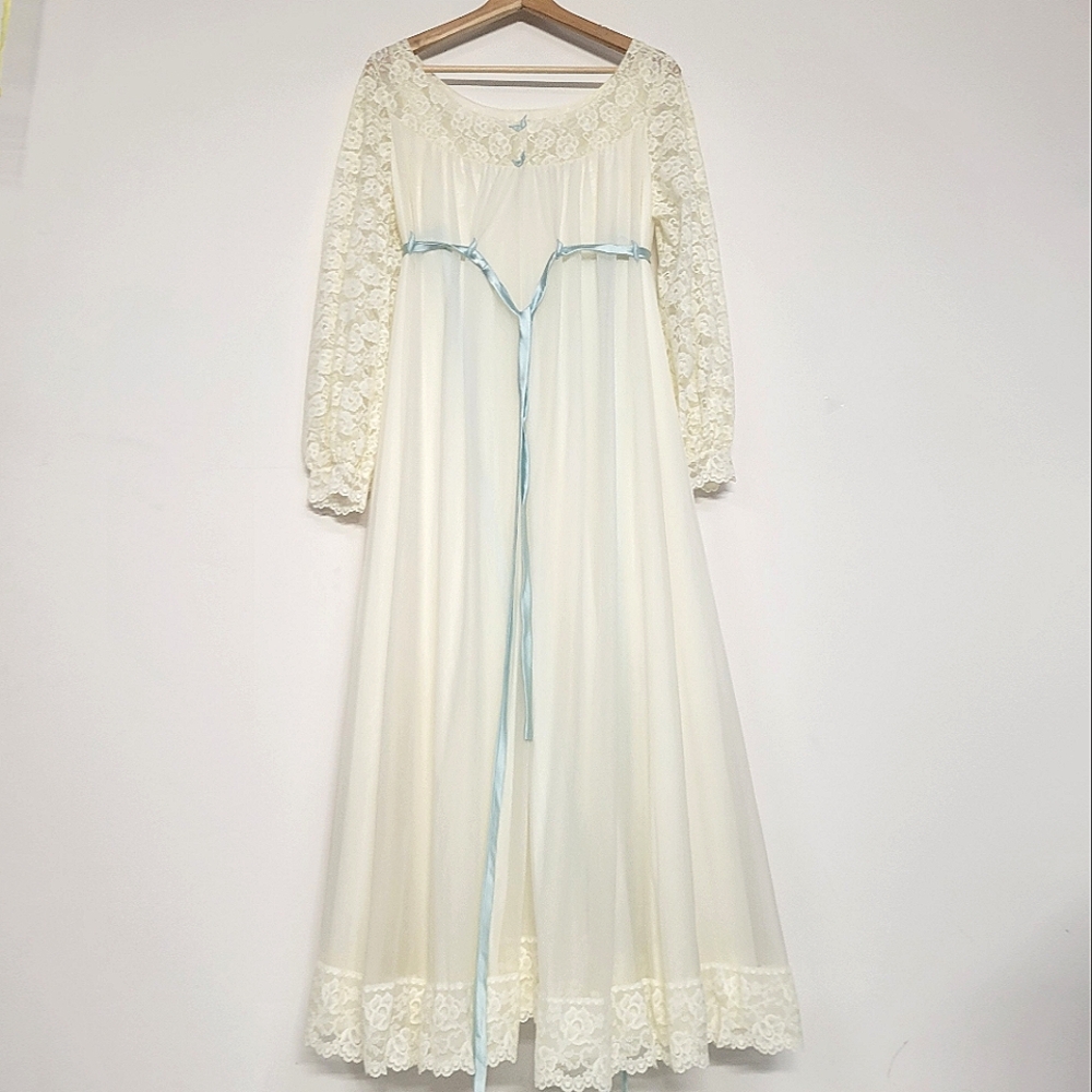 Classic Ivory Lace Nightgown with Blue Ribbon